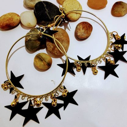 Round gold plated with hanging  black star earring