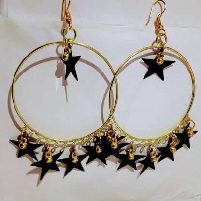 Round gold plated with hanging  black star earring - Image 2