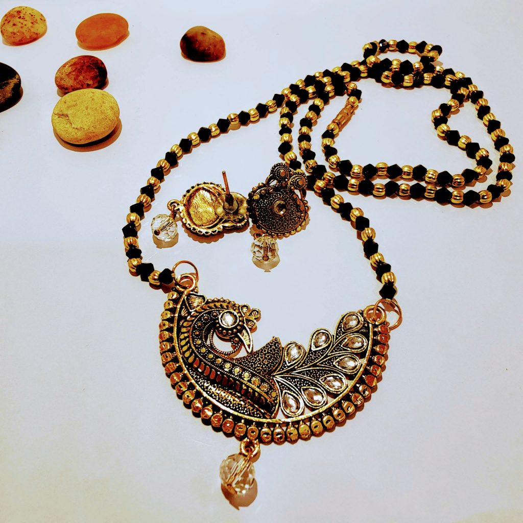 Gold plated peacock design pendant long mangalsutra with earring product image 3