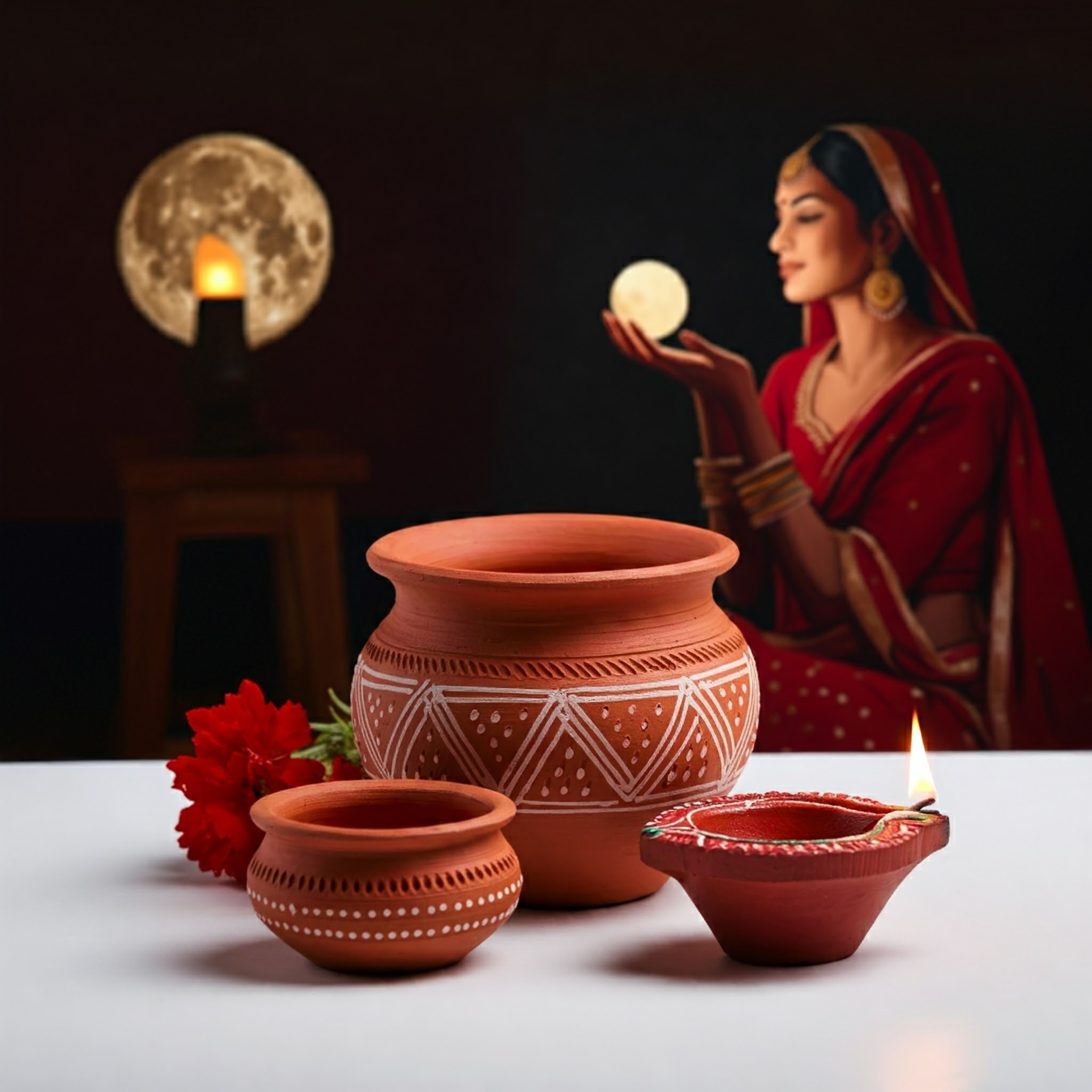 Handcrafted Clay Karwa Set with Diya & Bowl (3 Pcs) – Perfect for Karwa Chauth & Home Decor